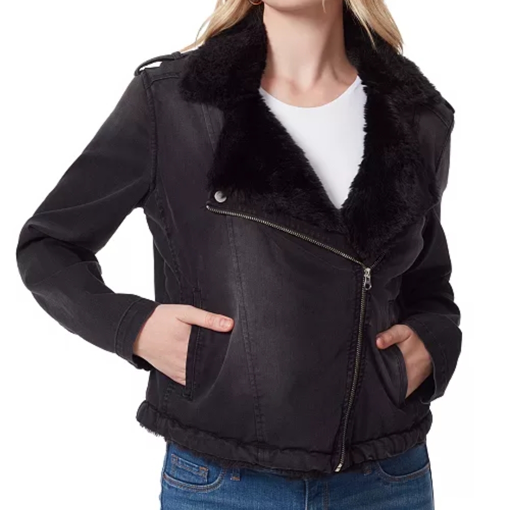 NWT Black Denim Faux Fur Moto Jacket Size XL - Picture 1 of 3